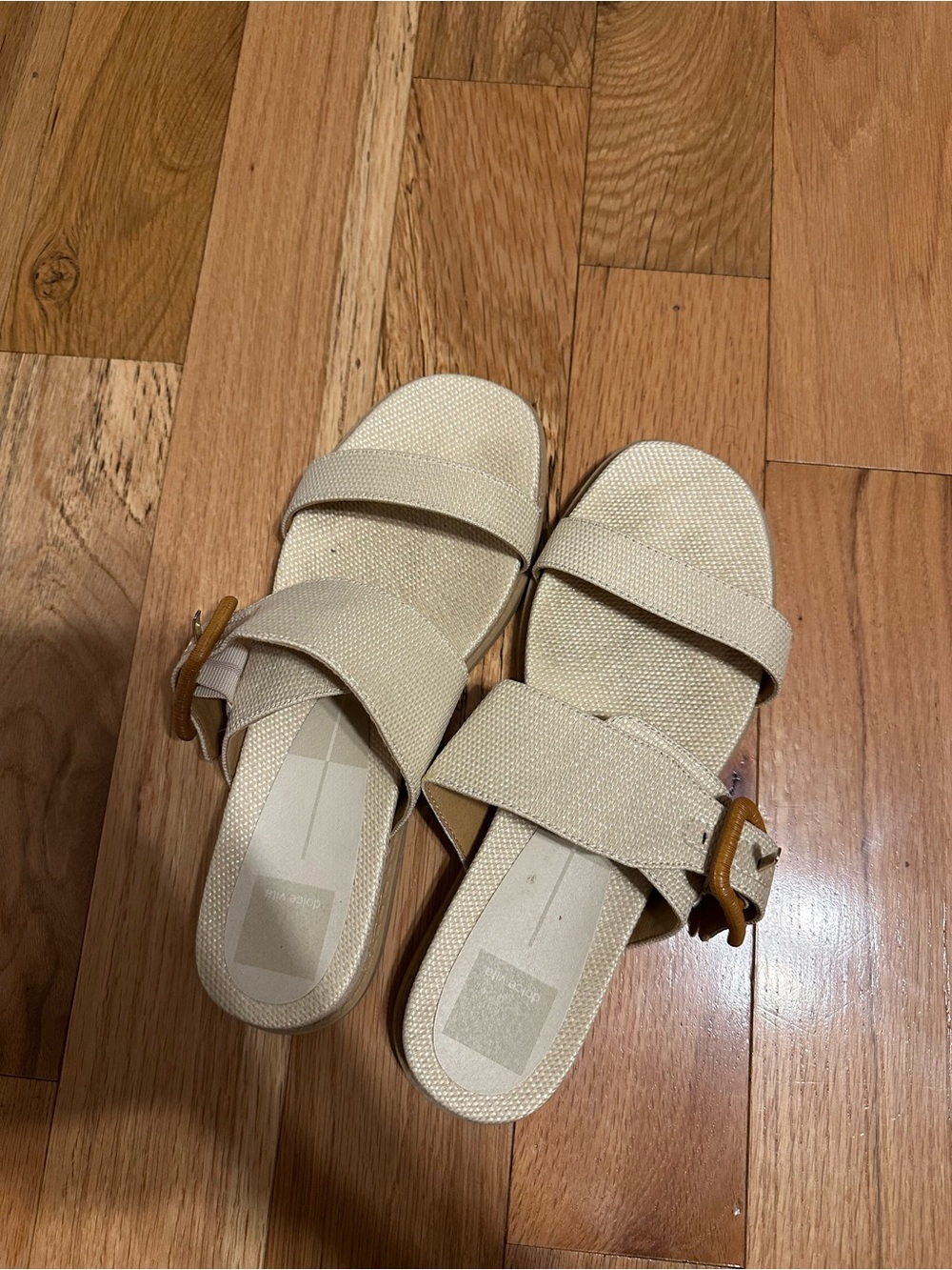 Dolce Vita Cream Slide Sandals with Tan Buckle